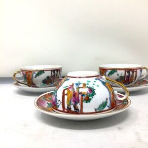 3 Vintage Rose Medallion cup and saucer sets